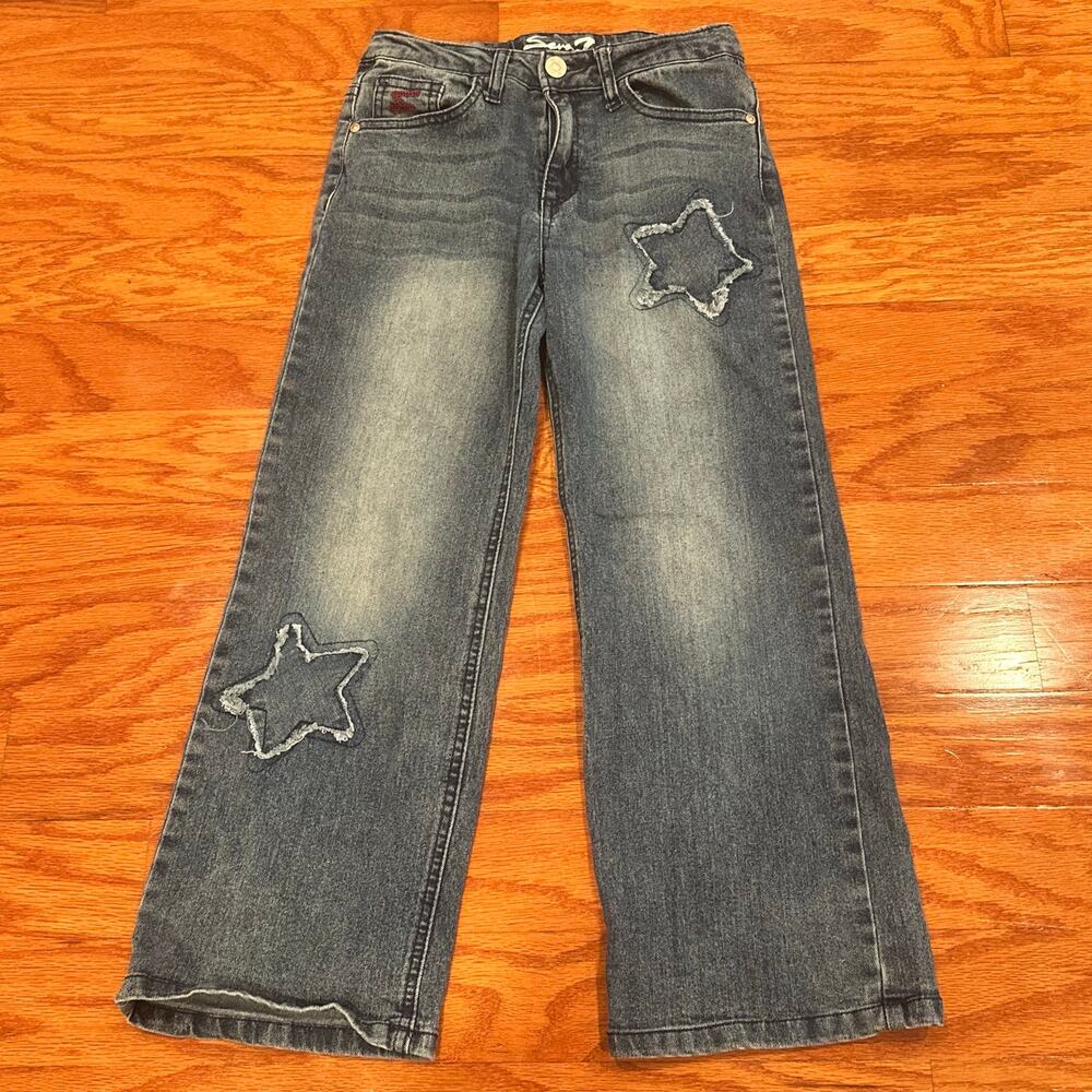 Seven7 Girls 8 Star Patch Jeans Faded Blue Y2K Wide Leg Denim